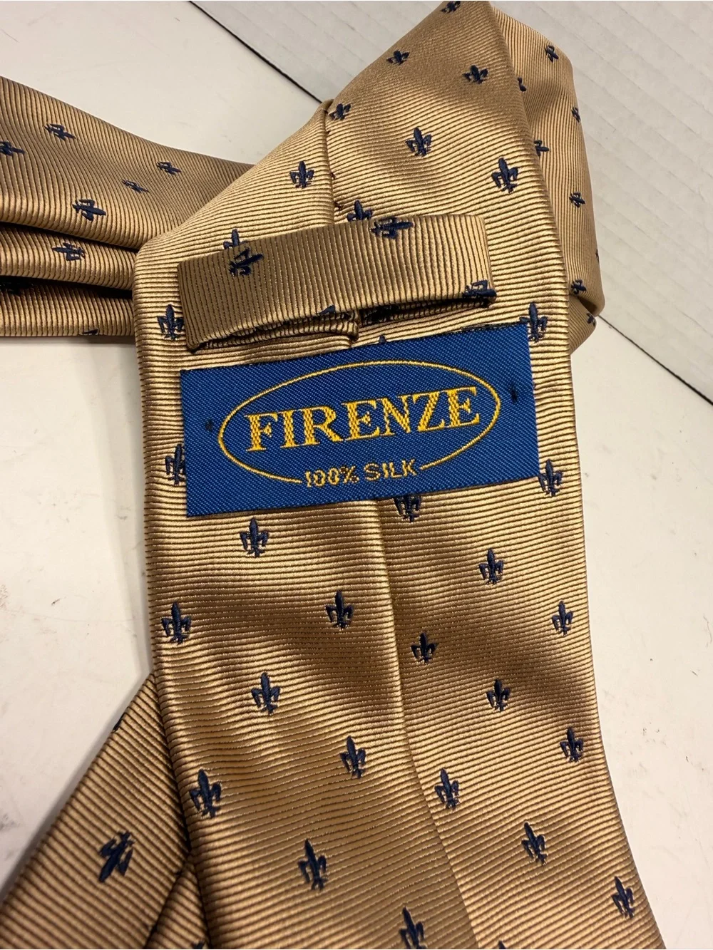 Firenze 100% Silk Gold Necktie with Blue Fleur-De-Lis Pattern